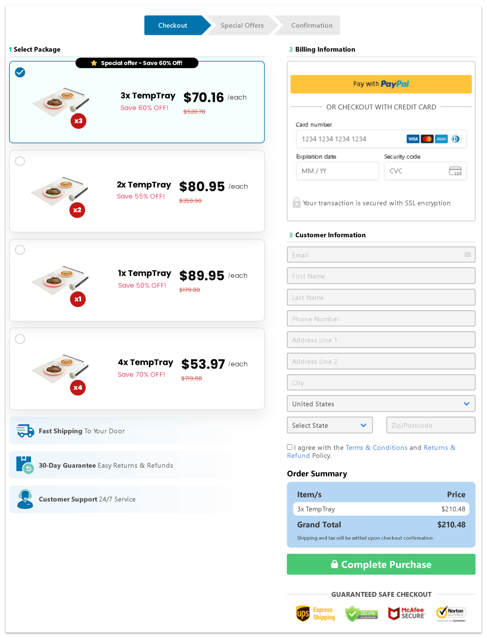 TempTray checkout page
